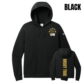 Black women's fleece pullover hoodie flat lay with the Iron Warriors Gym lion crest on the left chest and Muay Thai in gold vertical lettering on the back