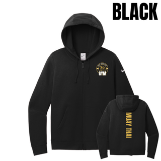 Black women's full-zip hoodie with the Iron Warriors Gym gold lion crest on the left chest, with the back view showing Muay Thai in gold vertical lettering