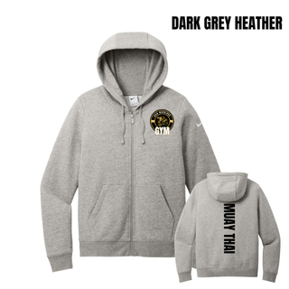 Dark Grey Heather women's full-zip hoodie with the Iron Warriors Gym lion crest on the left chest, with the back view showing Muay Thai in black vertical lettering