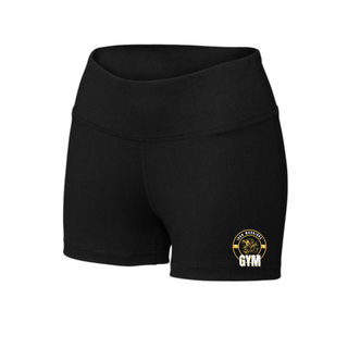 Black women's fitted shorts flat lay with a wide waistband and the Iron Warriors Gym lion crest near the hem
