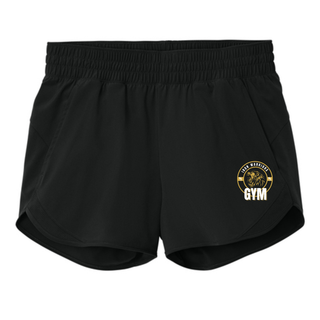 Black women's athletic shorts flat lay with the Iron Warriors Gym lion crest low on the left leg