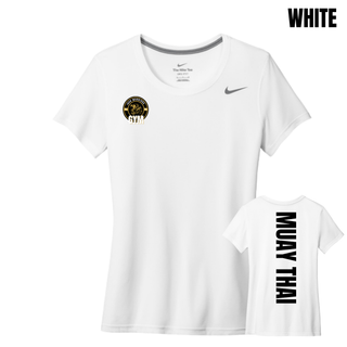 White women's tee with the Iron Warriors Gym lion crest on the left chest and Muay Thai in black vertical lettering on the back