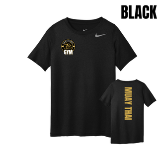Black youth tee with the Iron Warriors Gym lion crest on the left chest and Muay Thai in gold vertical lettering on the back