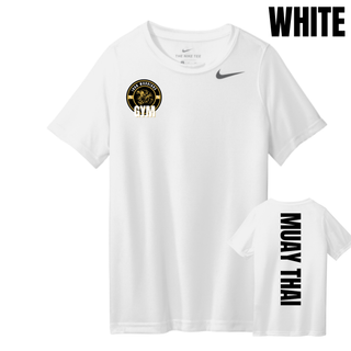 White youth tee with the Iron Warriors Gym lion crest on the left chest and Muay Thai in black vertical lettering on the back