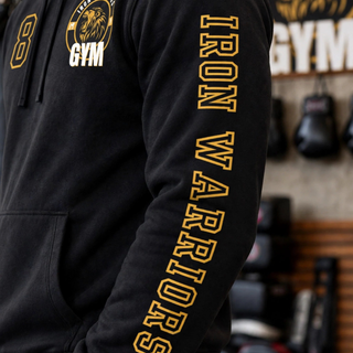 Close-up of the Iron Warriors Gym Name and Number Top sleeve with Iron Warriors in gold varsity block lettering