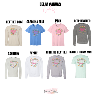 Bella Canvas Big Heart Little Minds tops in heather dust, carolina blue, pink, deep heather, ash grey, white, athletic heather, and heather prism mint
