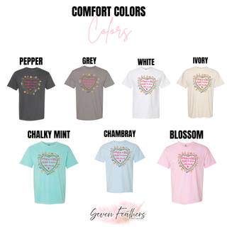 Comfort Colors Big Heart Little Minds tee in pepper, grey, white, ivory, chalky mint, chambray, and blossom
