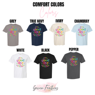 Comfort Colors it's a good day to teach tiny humans tee in grey, true navy, ivory, chambray, white, black, and pepper