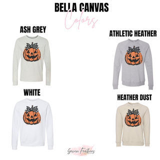 bella canvas long sleeve and crewneck in ash grey athletic heather white and heather dust with jack o lantern bow design, color chart
