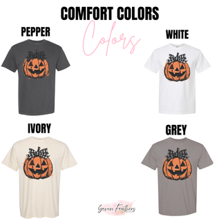 comfort colors tee in pepper white ivory and grey with distressed jack o lantern bow design, color chart
