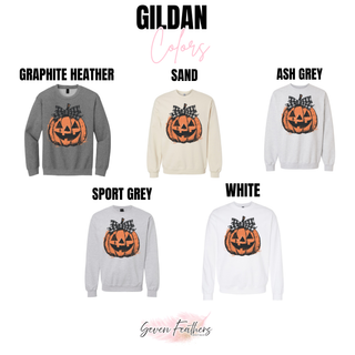 gildan crewneck sweatshirt in graphite heather sand ash grey sport grey and white with jack o lantern bow design, color chart
