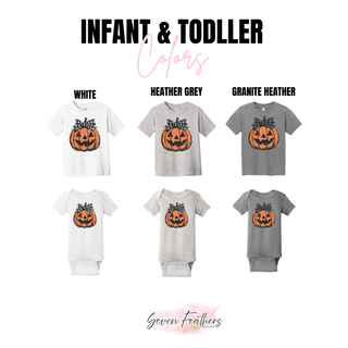 infant onesie and toddler tee in white heather grey and granite heather with jack o lantern bow design, color chart
