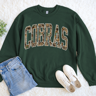 Jackson Heights Camo Cobras top in forest green Gildan crewneck, flat lay
