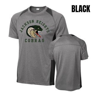 Jackson Heights Cobras Arched Logo Colorblock Contender Top in grey heather with black accents, front and back