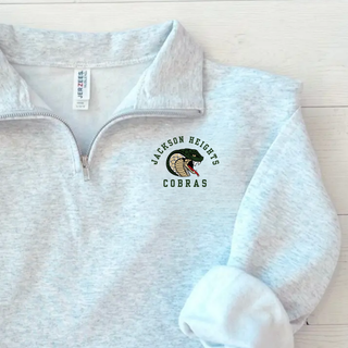 Jackson Heights Cobras Arched Logo Fleece Quarter-Zip in ash grey, close-up of collar