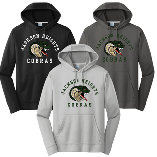 Jackson Heights Cobras Arched Logo Performance Fleece Hoodie in black, charcoal, and silver