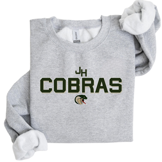 Jackson Heights Cobras Block Top design on a heather grey sweatshirt featuring a JH monogram above bold COBRAS block lettering with a cobra head icon underneath