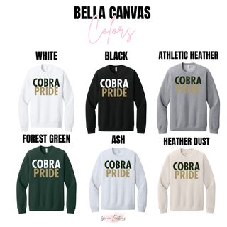 Jackson Heights Cobras Cobra Pride Bella Canvas sweatshirt color options: white, black, athletic heather, forest green, ash, and heather dust
