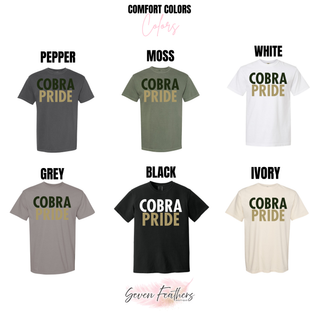 Jackson Heights Cobras Cobra Pride Comfort Colors tee color options: pepper, moss, white, grey, black, and ivory