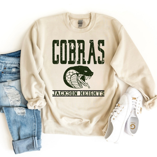 Jackson Heights Cobras Distressed Mascot Banner Top in sand, flat lay crewneck sweatshirt