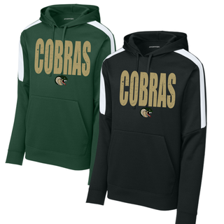 Jackson Heights Cobras Distressed Mascot Fan Favorite Hoodie in forest green and black, showing the distressed Cobras graphic and cobra mascot logo
