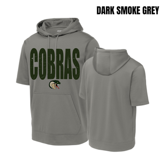 Jackson Heights Cobras Distressed Mascot Fleece Short Sleeve Hooded Pullover in dark smoke grey with distressed Cobras graphic and cobra mascot logo, front and back views
