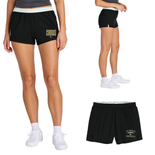 Jackson Heights Cobras Distressed Mascot Jersey Knit Squad Shorts in black, model and flat lay views showing distressed Cobras graphic and cobra mascot logo near the hem