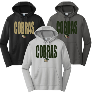 Jackson Heights Cobras Distressed Mascot Performance Fleece Hoodie in Black, Charcoal, and Silver with distressed Cobras graphic and cobra mascot logo