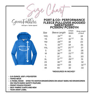 Youth and adult size chart for the Port and Co Performance Fleece Hoodie, youth XS through XL and adult S through 4XL