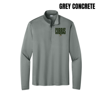 Jackson Heights Cobras Distressed Mascot PosiCharge Competitor Quarter-Zip in grey concrete with distressed Cobras graphic and cobra mascot logo