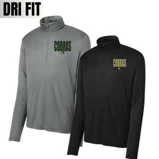 Jackson Heights Cobras Distressed Mascot PosiCharge Competitor Quarter-Zip in grey concrete and black, showing the distressed Cobras graphic and cobra mascot logo