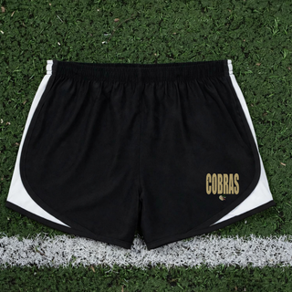 Jackson Heights Cobras Distressed Mascot Women's Cadence Performance Shorts in black with white trim, back view showing distressed Cobras graphic and cobra mascot logo