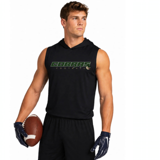 Model wearing a Jackson Heights Cobras Football logo Competitor sleeveless hoodie