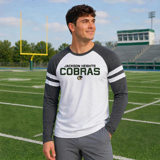 Model wearing Jackson Heights Cobras football logo Mash Up long sleeve top in Blended White and Vintage Smoke