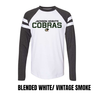 Jackson Heights Cobras football logo LAT Mash Up long sleeve top with Blended White body and Vintage Smoke sleeves