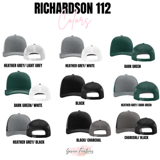 Richardson 112 trucker hat color chart showing heather grey, black, dark green and charcoal options for Jackson Heights Cobras football trucker hat
