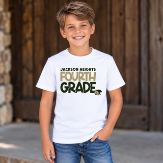 Child modeling Jackson Heights Cobras Fourth Grade Block Top in white with FOURTH GRADE block lettering and cobra head icon