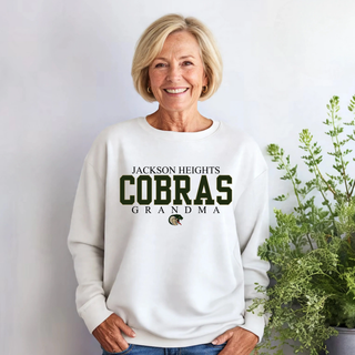 Jackson Heights Cobras Grandma top in white, model wearing crewneck sweatshirt