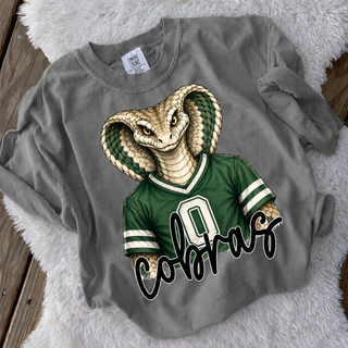 Grey crewneck sweatshirt with cobra mascot in green jersey, Jackson Heights Cobras Holton Kansas spirit wear
