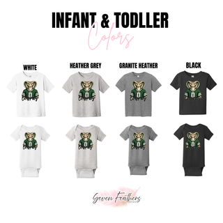 Infant and toddler chart for Jackson Heights Cobras green jersey top in white, heather grey, granite heather, black
