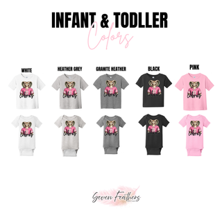 Infant and toddler chart for Jackson Heights Cobras pink jersey top in white, heather grey, granite heather, black, pink
