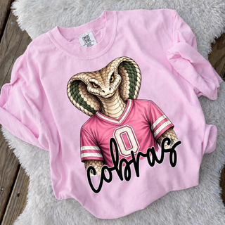 Pink crewneck sweatshirt with cobra mascot in pink jersey, Jackson Heights Cobras Holton Kansas spirit wear
