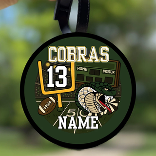 Personalized Jackson Heights Cobras football bag tag with player name and number