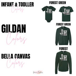 Color chart showing a forest green infant bodysuit and toddler tee, a Gildan forest green crewneck, and a Bella Canvas forest crewneck with the white polka dot JH Cobras design