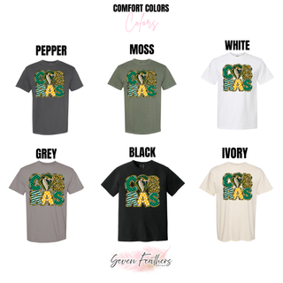 Jackson Heights Cobras Print Block Top Comfort Colors color options: Pepper, Moss, White, Grey, Black, and Ivory