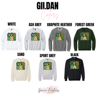 Jackson Heights Cobras Print Block Top Gildan color options: White, Ash Grey, Graphite Heather, Forest Green, Sand, Sport Grey, and Black