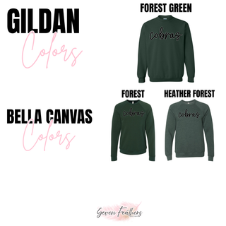 Jackson Heights Cobras Script Top color chart showing Forest Green, Forest, and Heather Forest crewneck options