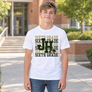Boy modeling Jackson Heights Cobras Sixth Grade Stacked Top in white with stacked SIXTH GRADE text, JH monogram, and cobra head icon