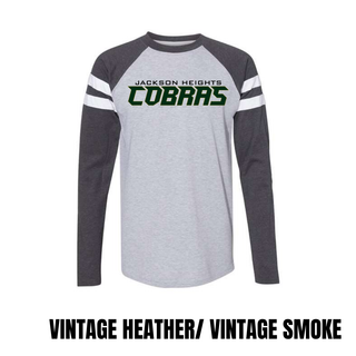 Jackson Heights Cobras Slant football logo LAT Mash Up long sleeve top with Vintage Heather body and Vintage Smoke sleeves