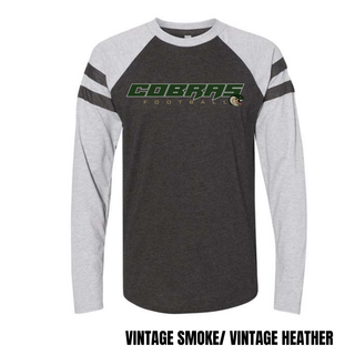 Jackson Heights Cobras Slant football logo LAT Mash Up long sleeve top with Vintage Smoke body and Vintage Heather sleeves